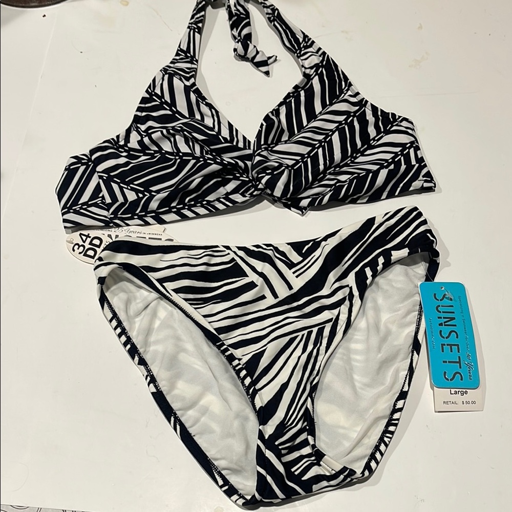 Sunsets NWT 34DD large Black and White Bikini Set river bend $100+